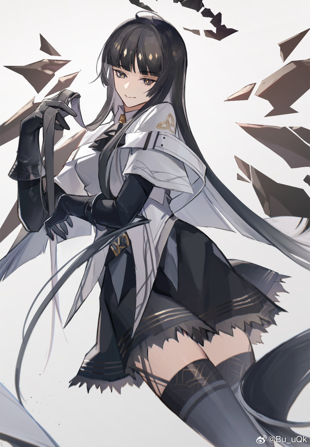 1girl ahoge arknights artist_name ascot belt belt_buckle black_ascot black_belt black_garter_straps black_gloves black_hair black_halo black_skirt black_sleeves blunt_bangs breasts broken_halo brown_wings bu_uqk buckle chinese_commentary closed_mouth collared_jacket colored_inner_hair commentary_request dark_halo detached_wings dutch_angle energy_wings eyelashes feet_out_of_frame floating_hair garter_straps gloves grey_eyes grey_hair grey_shirt grey_thighhighs hair_flowing_over halo hand_up head_tilt highres holding holding_hair jacket layered_sleeves light_smile long_hair long_sleeves looking_at_viewer medium_breasts miniskirt mole mole_under_eye multicolored_hair pale_skin shadow shirt short_over_long_sleeves short_sleeved_jacket short_sleeves sidelocks simple_background skirt solo standing straight_hair strap thigh-highs thighs two-tone_hair very_long_hair virtuosa_(arknights) watermark weibo_logo weibo_username white_background white_jacket wide_sleeves wing_collar wings yellow_pupils zettai_ryouiki