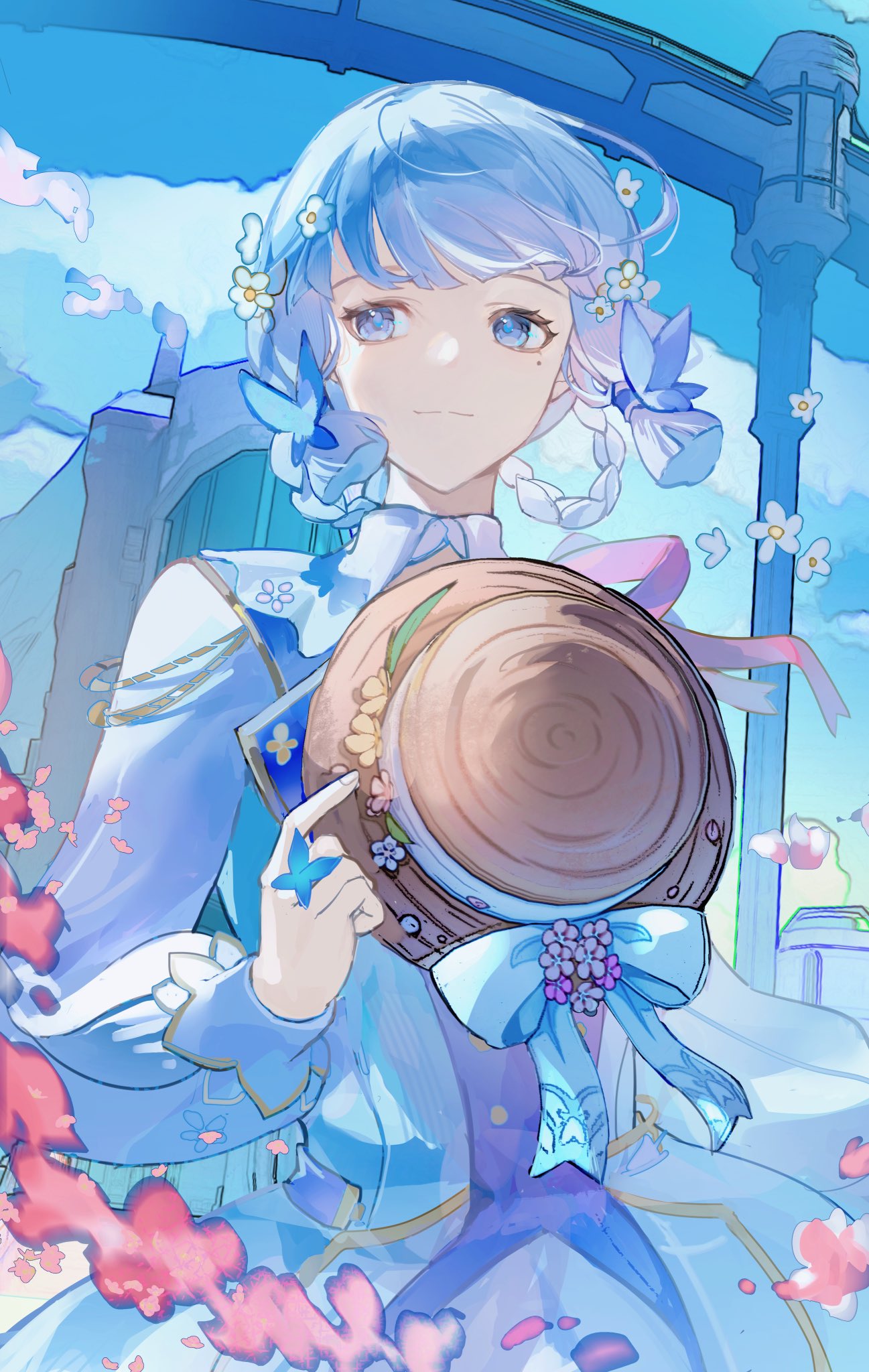1girl blue_bow blue_dress blue_eyes blue_flower blue_hair blue_sky bow braid brown_headwear butterfly_hair_ornament buttons closed_mouth clouds cloudy_sky day dress fingernails floral_print flower genshin_impact gold_trim hair_flower hair_ornament hair_tubes hands_up hat hat_bow hat_flower hat_leaf hat_ornament highres holding holding_clothes holding_hat kamisato_ayaka kamisato_ayaka_(springbloom_missive) leaf long_sleeves looking_to_the_side miliya mole mole_under_eye official_alternate_costume official_alternate_hairstyle orange_flower outdoors petals pink_flower pink_ribbon puffy_long_sleeves puffy_sleeves purple_flower ribbon short_hair sky smile solo standing two-tone_dress unworn_headwear white_dress white_flower