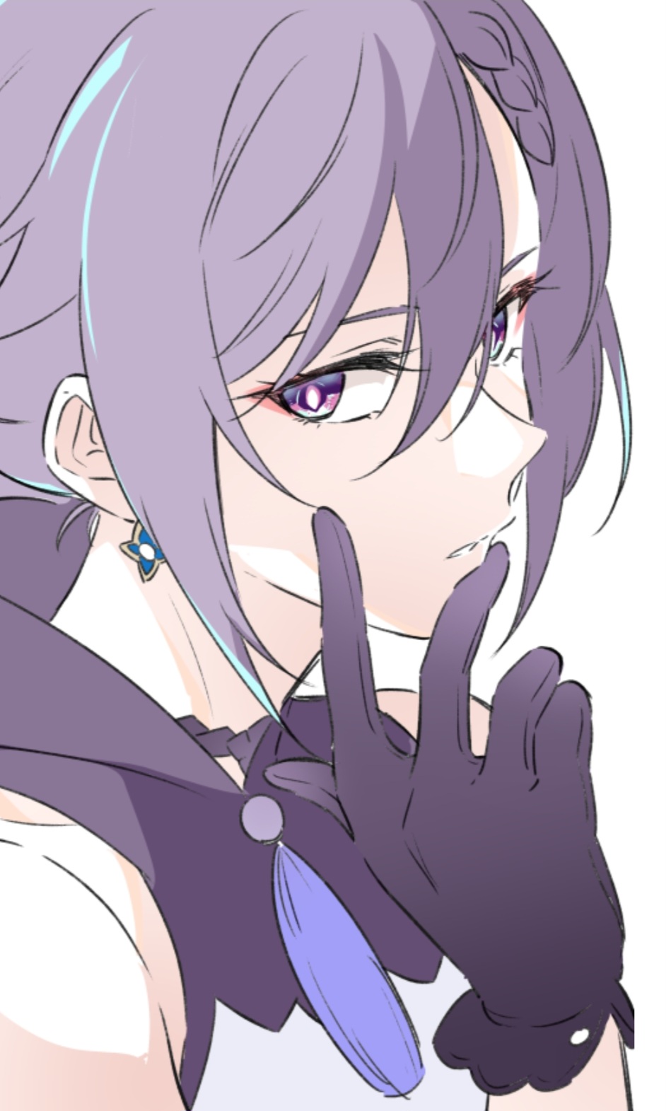 1girl detached_sleeves earrings frown genshin_impact gloves keqing_(genshin_impact) looking_at_viewer negom purple_eyes purple_hair serious solo white_background