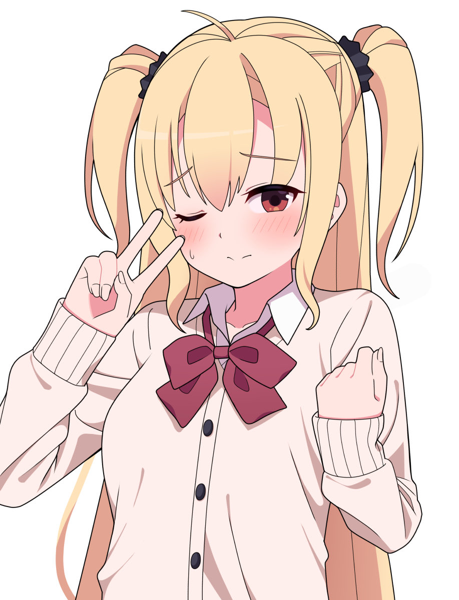 1girl ahoge alternate_costume arihara_nanami black_scrunchie blonde_hair blush bow brown_cardigan cardigan clenched_hand closed_mouth embarrassed eyes_visible_through_hair frown hair_between_eyes hair_ornament hair_scrunchie hands_up highres long_hair looking_at_viewer one_eye_closed red_bow red_eyes riddle_joker scrunchie sleeves_past_wrists solo split_mouth straight_hair sweatdrop two_side_up upper_body v v_over_eye very_long_hair zlmh7okwwbmghfo