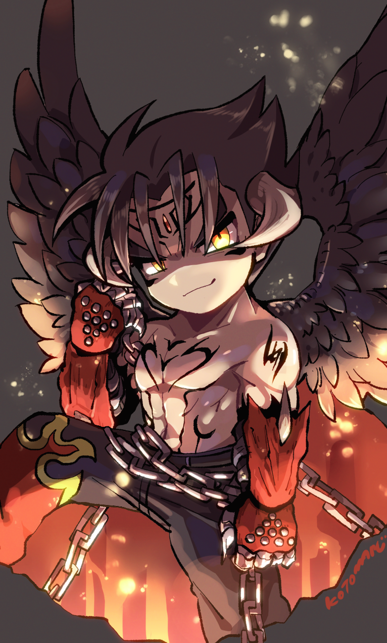 1boy abs black_hair black_pants black_wings chain claws closed_mouth devil_jin flame_print forehead_jewel gloves grey_background grey_horns highres horns kazama_jin kotorai looking_at_viewer male_focus no_nose pants pectorals red_gloves shoulder_tattoo signature studded_gloves tattoo tekken thick_eyebrows topless_male v-shaped_eyebrows wings yellow_eyes