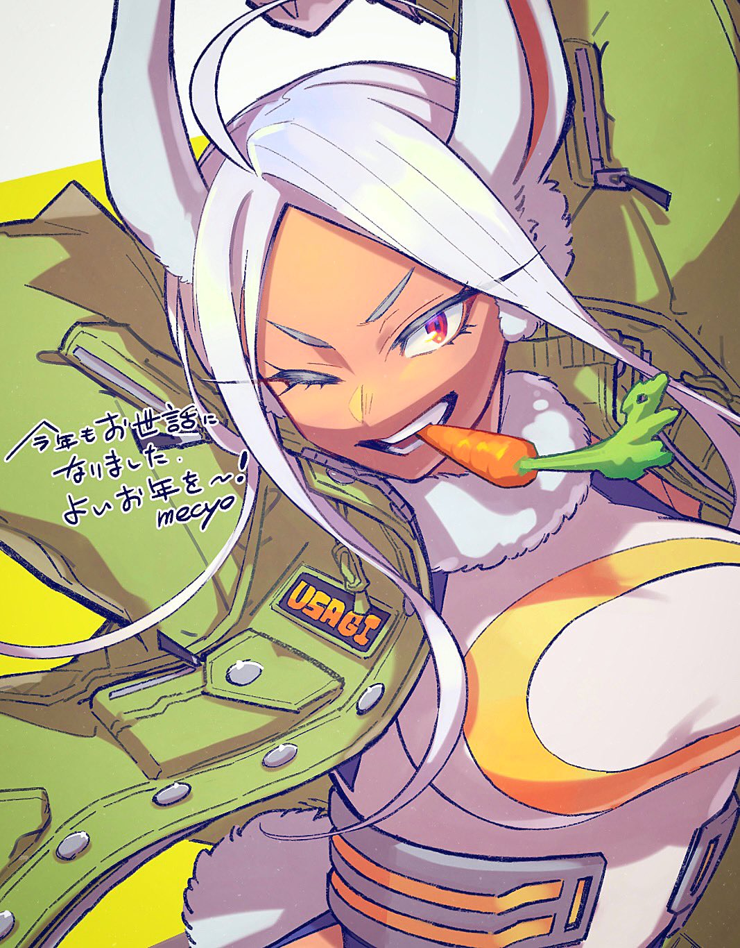 1girl ;) animal_ears arm_up arms_behind_head artist_name boku_no_hero_academia breasts carrot commentary crescent_print dark-skinned_female dark_skin food_in_mouth fur_collar green_jacket highres jacket large_breasts leotard long_eyelashes long_hair looking_at_viewer mecyo_(mamezurushiki) mirko one_eye_closed parted_bangs rabbit_ears rabbit_girl red_eyes smile solo symbol-only_commentary teeth upper_body white_hair white_leotard