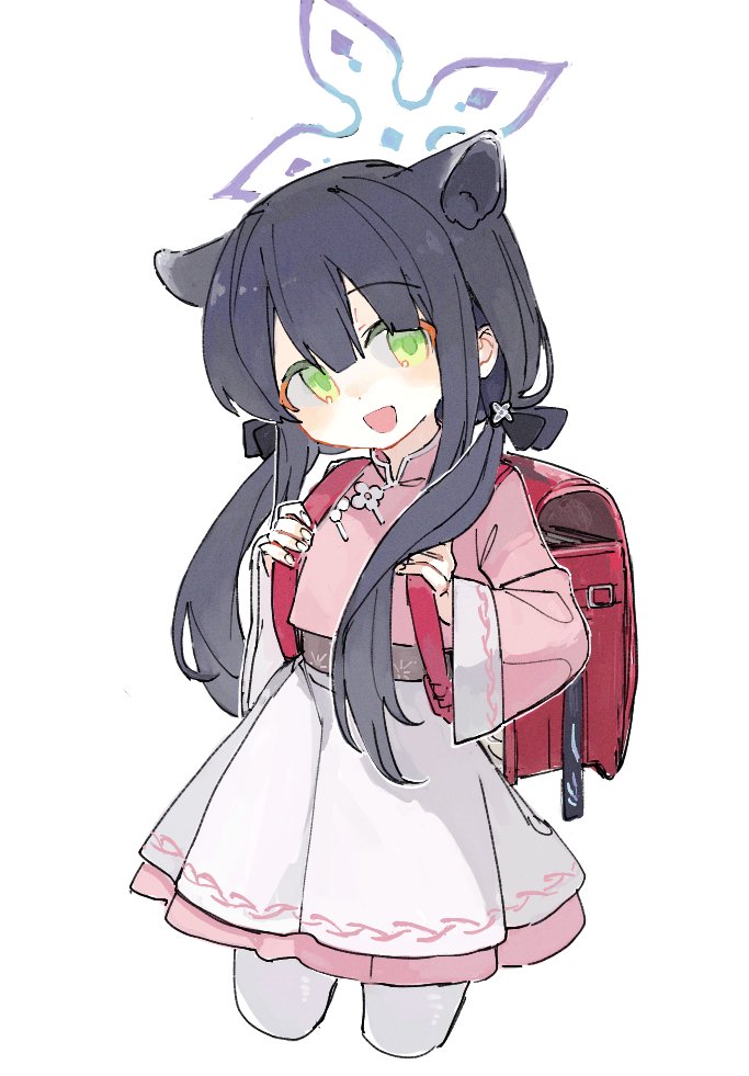 1girl animal_ears backpack bag black_hair blue_archive blue_halo blush green_eyes halo long_hair long_sleeves looking_at_viewer open_mouth osakanadream pantyhose pink_shirt pleated_skirt randoseru shirt shun_(blue_archive) shun_(small)_(blue_archive) simple_background skirt smile solo two_side_up white_background white_pantyhose white_skirt