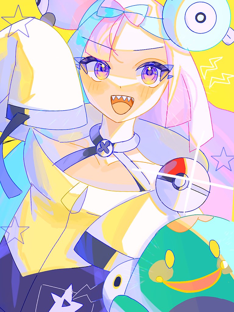 1girl :d bellibolt blue_hair bow-shaped_hair character_hair_ornament eyelashes hair_ornament iono_(pokemon) jacket long_hair long_sleeves looking_at_viewer nfvw2evamr86075 open_mouth pink_eyes pink_hair poke_ball poke_ball_(basic) pokemon pokemon_(creature) pokemon_sv sharp_teeth sleeves_past_fingers sleeves_past_wrists smile star_(symbol) teeth twintails upper_body upper_teeth_only yellow_background yellow_jacket