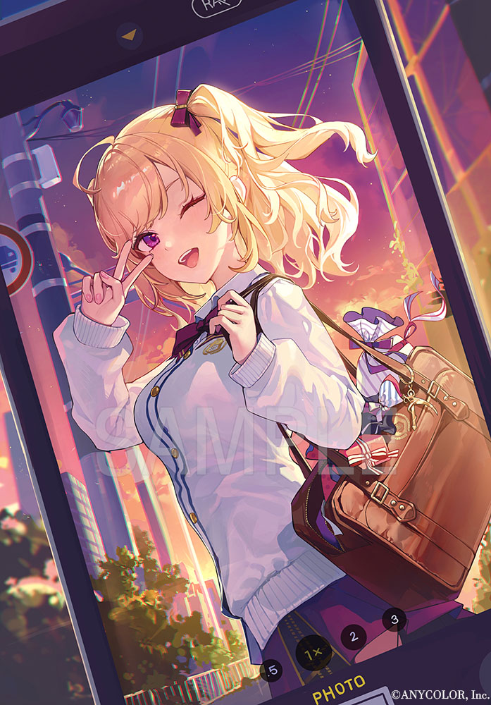 1girl ahoge bag blonde_hair blush bow bowtie breasts brown_bag cardigan collared_shirt dutch_angle holding holding_bag large_breasts long_sleeves looking_at_viewer medium_hair nijisanji one_eye_closed open_mouth pink_nails red_bow red_bowtie sample_watermark school_uniform shirt short_hair sidelocks solo takamiya_rion takamiya_rion_(6th_costume) teeth ttosom upper_body upper_teeth_only v_over_eye viewfinder violet_eyes virtual_youtuber watermark white_cardigan white_shirt