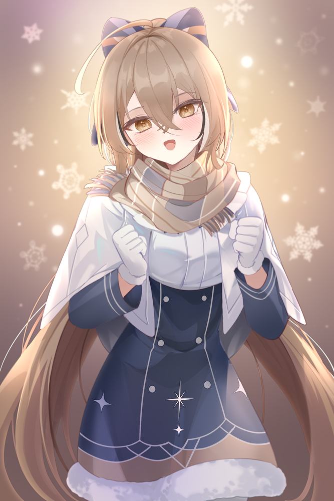 1girl :d ahoge backlighting blue_coat brown_eyes brown_hair brown_scarf capelet coat crossed_bangs double-parted_bangs fur_trim gloves hair_between_eyes hair_ribbon hololive hololive_english long_hair looking_at_viewer mujinbensin multicolored_hair nanashi_mumei official_alternate_costume plaid plaid_scarf ponytail ribbon scarf smile snowflakes streaked_hair very_long_hair virtual_youtuber white_capelet white_gloves