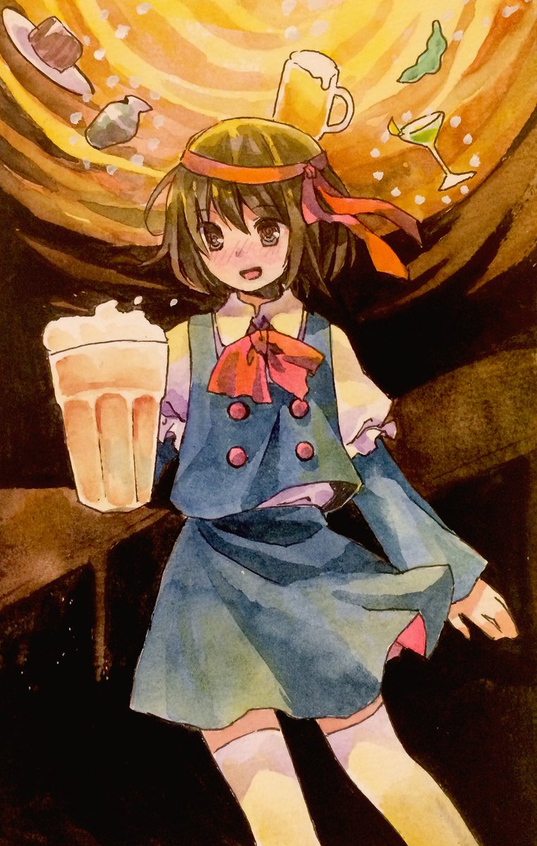 1girl @_@ alcohol asama_isami beer beer_mug blue_skirt blue_vest blush bow bowtie brown_eyes brown_hair collared_shirt commentary_request cup cup_on_head drunk frilled_sleeves frills headband highres holding holding_cup kaigen_1025 layered_sleeves long_sleeves margarita mug nose_blush open_mouth red_bow red_bowtie red_headband shirt short_hair short_over_long_sleeves short_sleeves skirt smile solo thigh-highs uwabami_breakers vest white_shirt white_thighhighs