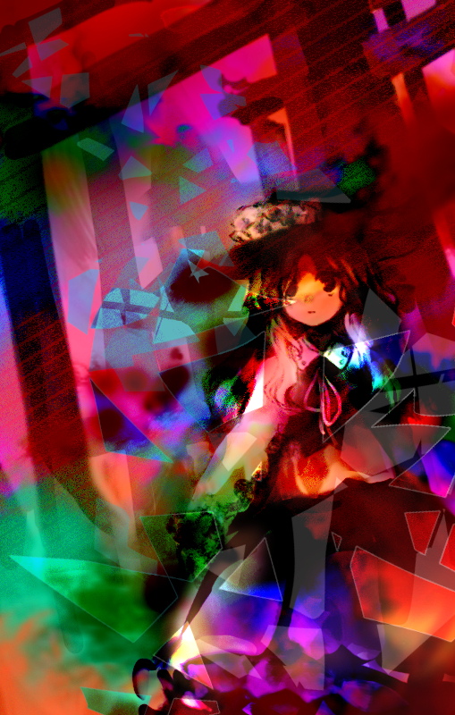 1girl closed_mouth collared_shirt colorful commentary_request cowboy_shot film_grain hat jacket_girl_(dipp) kaigen_1025 long_hair long_sleeves multicolored_background neck_ribbon ribbon shirt skirt solo torii touhou