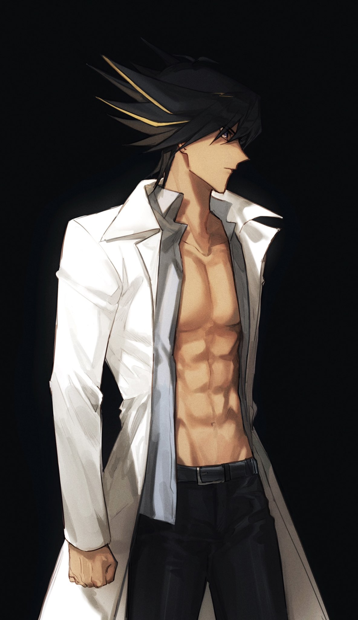 1boy abs belt black_background black_hair black_pants blue_eyes chinese_commentary clenched_hand coat commentary facing_to_the_side grey_shirt highres lab_coat male_focus multicolored_hair muscular muscular_male naoki_(2rzmcaizerails6) official_alternate_costume open_clothes open_coat pants pectorals shirt simple_background solo spiky_hair streaked_hair unbuttoned unbuttoned_shirt upper_body white_coat yu-gi-oh! yu-gi-oh!_5d's