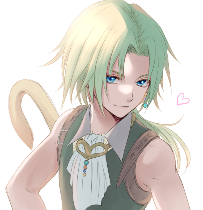 1boy ascot bare_shoulders blonde_hair blue_eyes closed_mouth collared_shirt final_fantasy final_fantasy_ix green_vest heart ironeden_noel looking_at_viewer low_ponytail male_focus monkey_tail parted_bangs portrait shirt short_hair_with_long_locks sleeveless sleeveless_shirt smile smirk solo tail upper_body vest white_ascot white_background white_shirt zidane_tribal