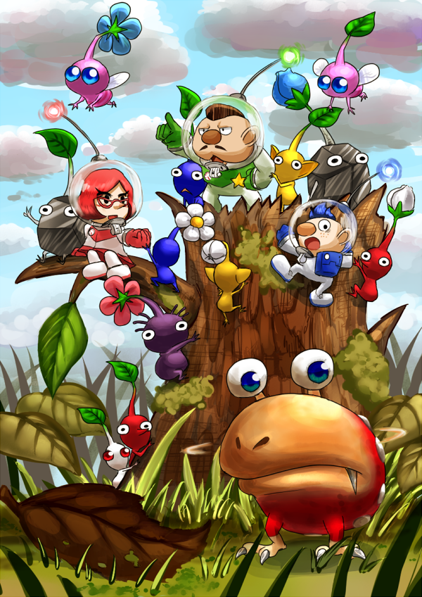1girl 2boys alph_(pikmin) autumn_leaves backpack badge bag big_nose black_eyes black_skin blue_bag blue_eyes blue_gloves blue_hair blue_light blue_pikmin blue_skin blue_sky brittany_(pikmin) brown_hair bud bulborb charlie_(pikmin) clenched_hand climbing clouds colored_skin commentary_request day eyelashes facial_hair fang fang_out flower flying freckles from_behind gauge gloves grass green_gloves green_light half-closed_eyes hand_on_another's_arm hand_on_another's_hand hand_on_own_hip helmet insect_wings leaf looking_ahead looking_at_another looking_at_viewer looking_back mini_person miniboy minigirl miniskirt mohawk moss multiple_boys mustache no_mouth nostrils open_mouth outdoors pale_skin pikmin_(creature) pikmin_(series) pink_flower pink_gloves pink_hair pink_light pink_skin pink_skirt plump pointing pointing_forward pointy_ears pointy_nose polka_dot purple_hair purple_pikmin purple_skin radio_antenna reaching red_eyes red_pikmin red_skin rock rock_pikmin short_hair sitting_on_branch skirt sky smile solid_eyes space_helmet spacesuit star_(symbol) tree_stump triangle_mouth very_short_hair whistle white_pikmin white_skin winged_pikmin wings yamato_koara yellow_pikmin yellow_skin
