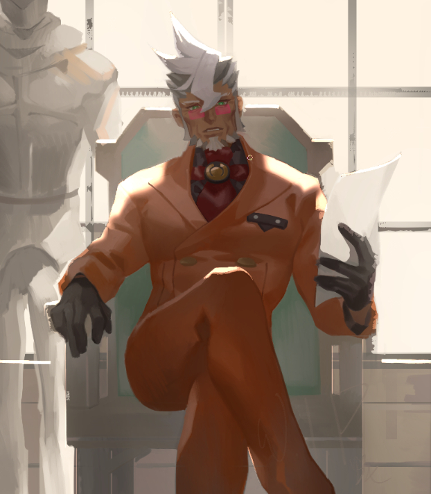 1boy ace_attorney black_gloves chair crossed_legs damon_gant day glasses gloves green_eyes grey_hair hair_between_eyes holding holding_paper indoors looking_at_viewer male_focus multicolored_hair old old_man orange_pants orange_suit pants paper sitting solo statue two-tone_hair vm_(as92402) white_hair window