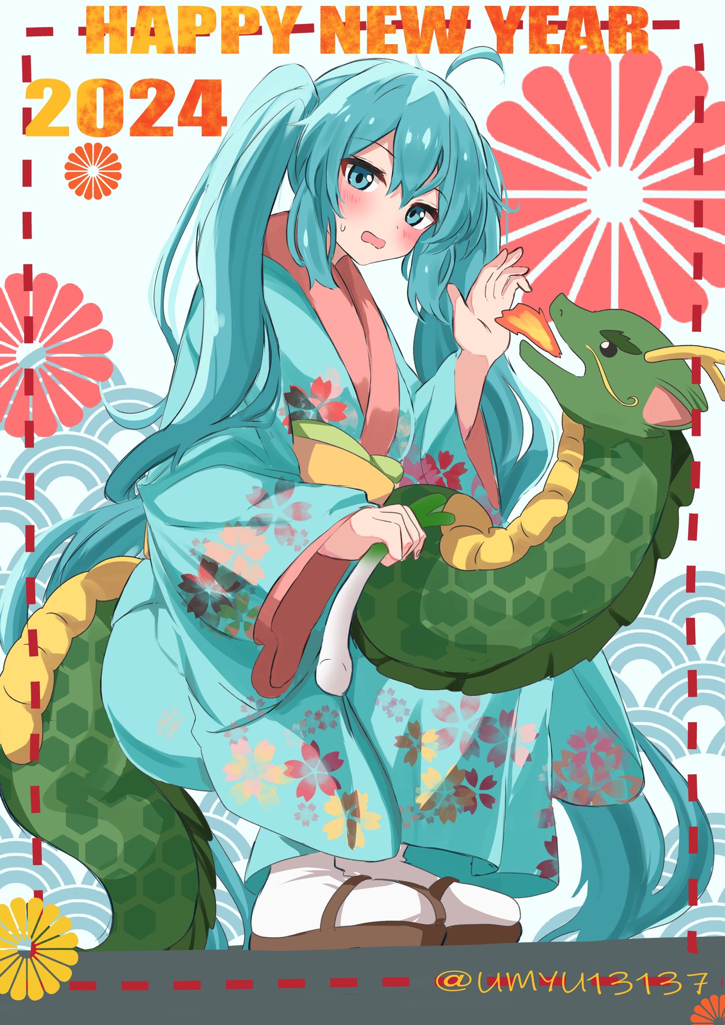1girl ahoge blue_eyes blue_hair blue_kimono blush brown_footwear dot_nose dragon eastern_dragon floral_print food full_body hair_between_eyes hand_up hatsune_miku highres holding holding_food holding_spring_onion holding_vegetable inset_border japanese_clothes kimono long_hair long_sleeves looking_at_viewer obi open_hand open_mouth oyu_(umyu13137) print_kimono rectangular_mouth sandals sash seigaiha sidelocks socks solo spring_onion squatting sweatdrop twintails twitter_username vegetable very_long_hair vocaloid watermark wavy_mouth white_socks wide_sleeves