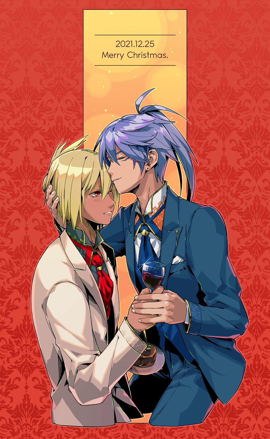 2boys alcohol ascot beatmania_iidx bell blazer blonde_hair blue_ascot brothers closed_eyes closed_mouth commentary_request cowboy_shot cropped_legs cup dark-skinned_male dark_skin dated drinking_glass ereki_(beatmania) folded_ponytail grey_hair grey_jacket grey_pants grey_shirt hair_between_eyes hand_on_another's_head high_ponytail highres holding holding_cup jacket jingle_bell long_bangs male_focus maoh_(aburaage0528) merry_christmas multiple_boys pants red_ascot red_background red_eyes shilow shirt short_hair siblings smile white_jacket white_shirt wine wine_glass