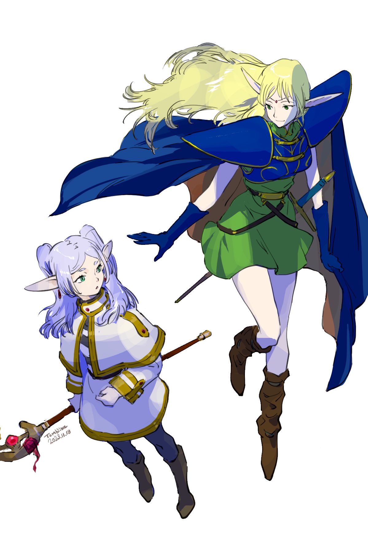 2girls armor belt black_pantyhose blonde_hair boots breastplate breasts brown_footwear cape capelet commentary_request dangle_earrings dated deedlit drop_earrings earrings elf frieren full_body gloves green_eyes green_skirt highres holding holding_staff jacket jewelry long_hair long_pointy_ears mage_staff multiple_girls pantyhose parted_bangs pauldrons pointy_ears record_of_lodoss_war sheath sheathed shirt shoulder_armor signature skirt skirt_set smile sousou_no_frieren staff striped striped_shirt sword tiara tombiiwa twintails weapon white_background white_capelet white_hair white_jacket white_skirt