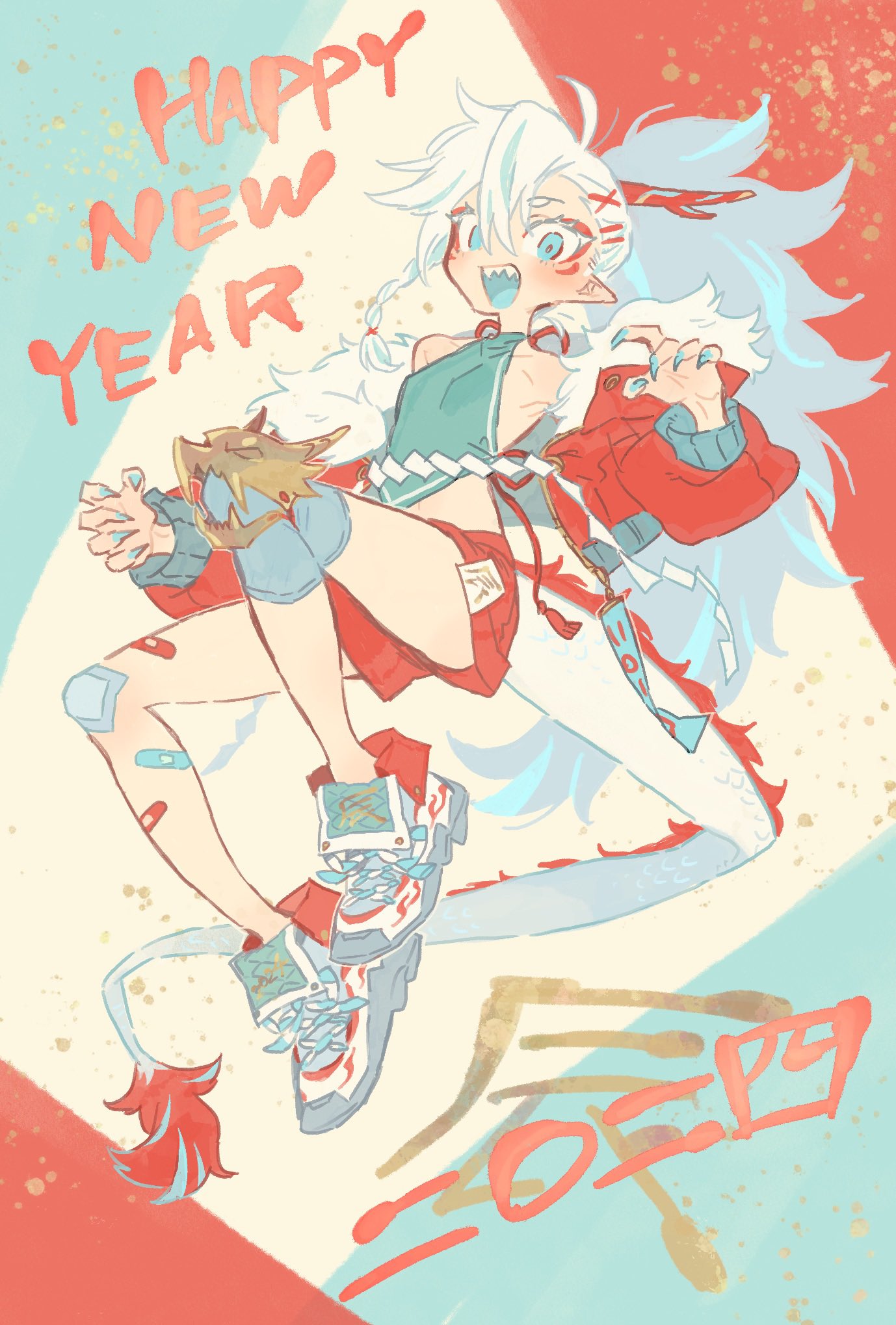 1girl 2024 bandaid bandaid_on_leg bare_shoulders blue_eyes blue_nails braid chinese_clothes chinese_zodiac commentary_request dragon_girl dragon_horns dragon_tail dudou fingernails full_body hair_ornament hairclip happy_new_year highres horns jacket long_hair looking_at_viewer off_shoulder oimo_(14sainobba) open_clothes open_jacket open_mouth original pointy_ears sharp_fingernails sharp_teeth shoes shorts side_braid smile sneakers solo tail teeth white_hair year_of_the_dragon