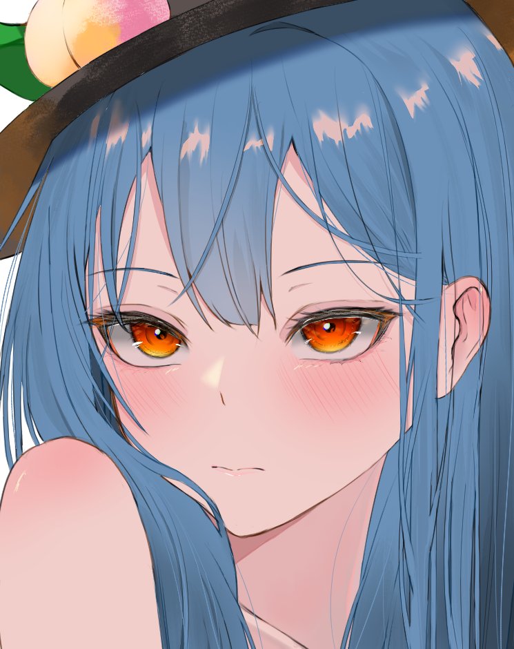 1girl 3: black_headwear blue_hair blush close-up closed_mouth commentary double-parted_bangs eyelashes frown hair_between_eyes hair_over_shoulder hat heart hinanawi_tenshi lips long_hair looking_at_viewer peach_hat_ornament red_eyes ropu_1 simple_background solo spoken_heart touhou tsurime upturned_eyes white_background
