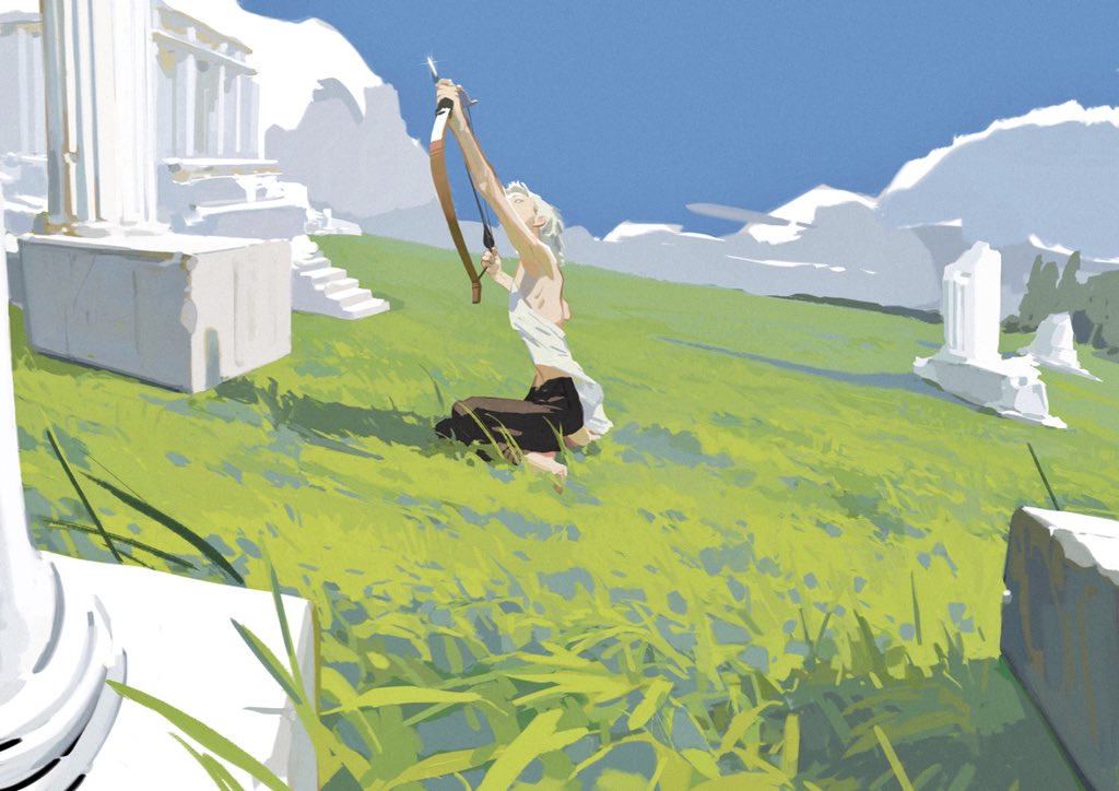 1girl architecture armpits arrow_(projectile) bare_arms barefoot black_pants blue_sky bow_(weapon) clouds commentary day drawing_bow field forest full_body grass greco-roman_architecture holding holding_arrow holding_bow_(weapon) holding_weapon huahua_zhu leather leather_pants looking_up medium_hair midriff_peek nature navel original outdoors pants pillar ribs ruins sitting sky solo symbol-only_commentary toga wariza weapon white_eyes white_hair