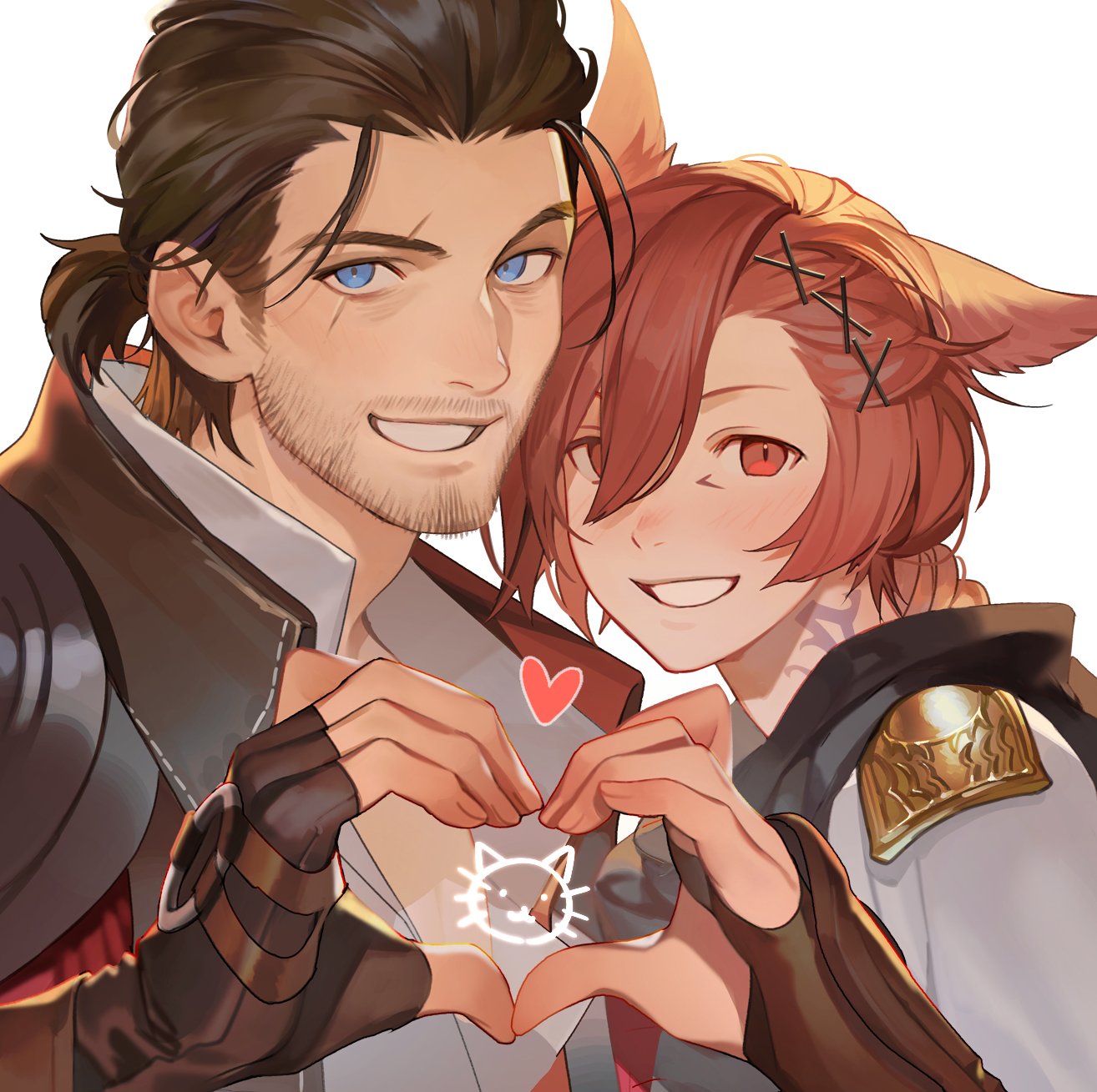 2boys :d adventurer_(ff14) animal_ears beard_stubble black_jacket blue_eyes brown_gloves brown_hair cat_ears commentary facial_mark ffxivys final_fantasy final_fantasy_xiv fingerless_gloves from_side g'raha_tia gloves grin hair_between_eyes hair_ornament hair_pulled_back hand_up happy heads_together heart heart_hands highres hyur jacket looking_at_viewer male_focus miqo'te multiple_boys neck_tattoo portrait red_eyes redhead scar scar_across_eye shirt short_hair simple_background smile swept_bangs symbol-only_commentary tattoo warrior_of_light_(ff14) white_background white_shirt x_hair_ornament