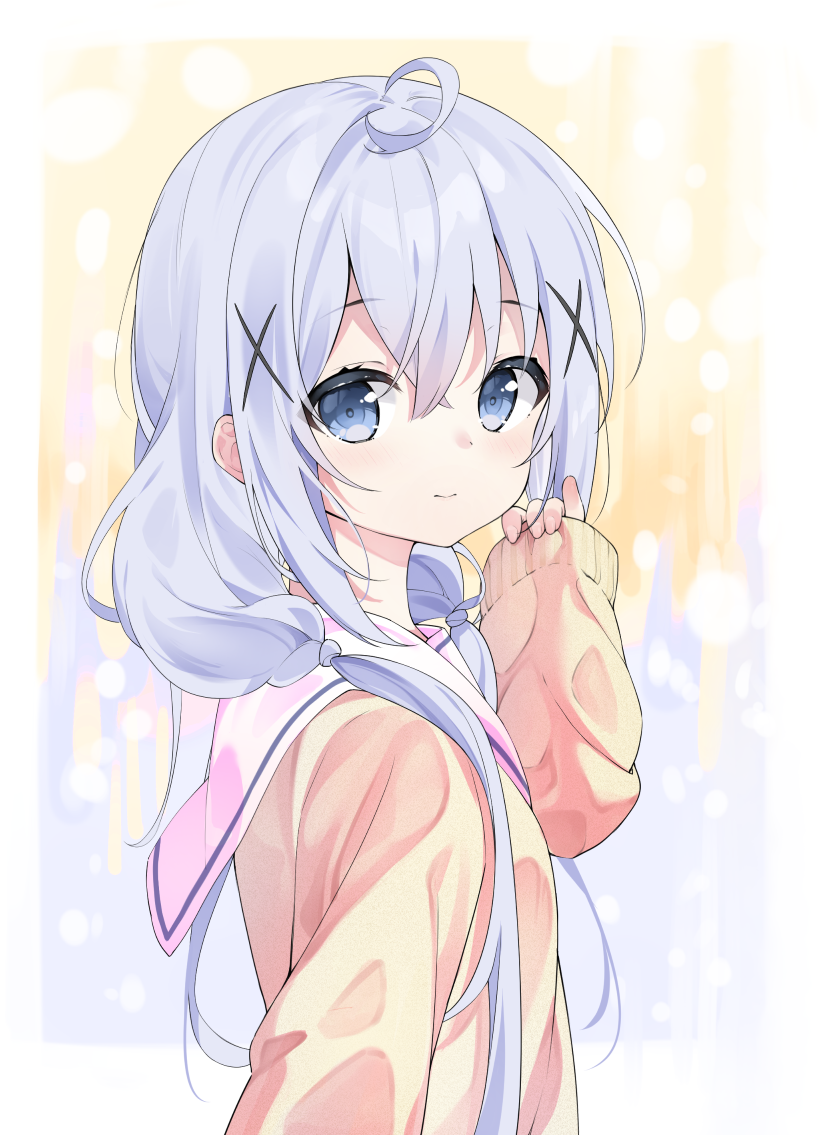 1girl ahoge blue_eyes brown_sweater closed_mouth commentary_request from_side gochuumon_wa_usagi_desu_ka? grey_hair hair_between_eyes hair_ornament hair_over_shoulder hand_up kafuu_chino long_hair looking_at_viewer looking_to_the_side low_twintails pinching_sleeves sailor_collar school_uniform serafuku shiraki_shiori sleeves_past_wrists solo sweater twintails very_long_hair white_sailor_collar x_hair_ornament