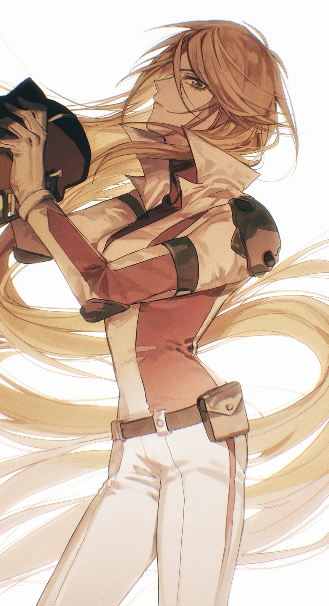 1girl absurdly_long_hair belt belt_pouch black_belt blonde_hair commentary cowboy_shot elbow_pads facing_to_the_side gloves green_eyes hands_up helmet high_collar highres holding holding_helmet jumpsuit long_hair looking_at_viewer naoki_(2rzmcaizerails6) pouch racing_suit serious sherry_leblanc shoulder_pads simple_background solo unworn_headwear unworn_helmet upper_body very_long_hair white_background white_gloves white_jumpsuit yu-gi-oh! yu-gi-oh!_5d's