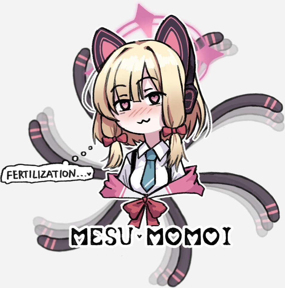 1girl :3 afterimage animal_ear_headphones animal_ears black_eyes blonde_hair blue_archive blue_necktie blush bow cat_ear_headphones collared_shirt english_text fake_animal_ears grey_background hair_bow halo headphones heart heart-shaped_pupils looking_at_viewer momoi_(blue_archive) multiple_tails necktie red_bow shirt simple_background solo symbol-shaped_pupils tail thought_bubble white_shirt yahagi_takahiko