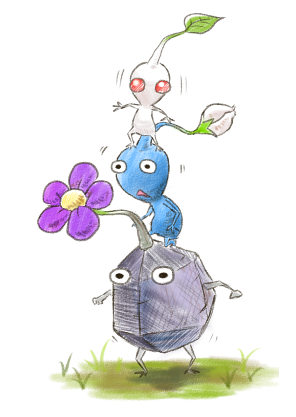 black_eyes black_skin blue_pikmin blue_skin bud clenched_hands colored_skin commentary_request flower grass human_tower leaf motion_lines no_humans no_mouth pikmin_(creature) pikmin_(series) purple_flower red_eyes rock rock_pikmin simple_background solid_circle_eyes stacking standing_on_another's_head trembling triangle_mouth white_background white_pikmin white_skin yamato_koara