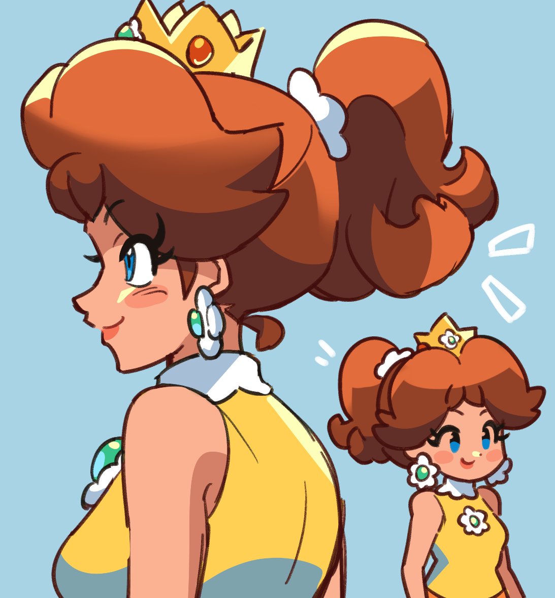 1girl blue_background blue_eyes blush brown_hair crown dress earrings eyelashes flower_brooch flower_earrings from_side hair_focus jewelry loveycloud multiple_views notice_lines orange_lips ponytail princess_daisy simple_background sleeveless solo super_mario_bros. yellow_dress