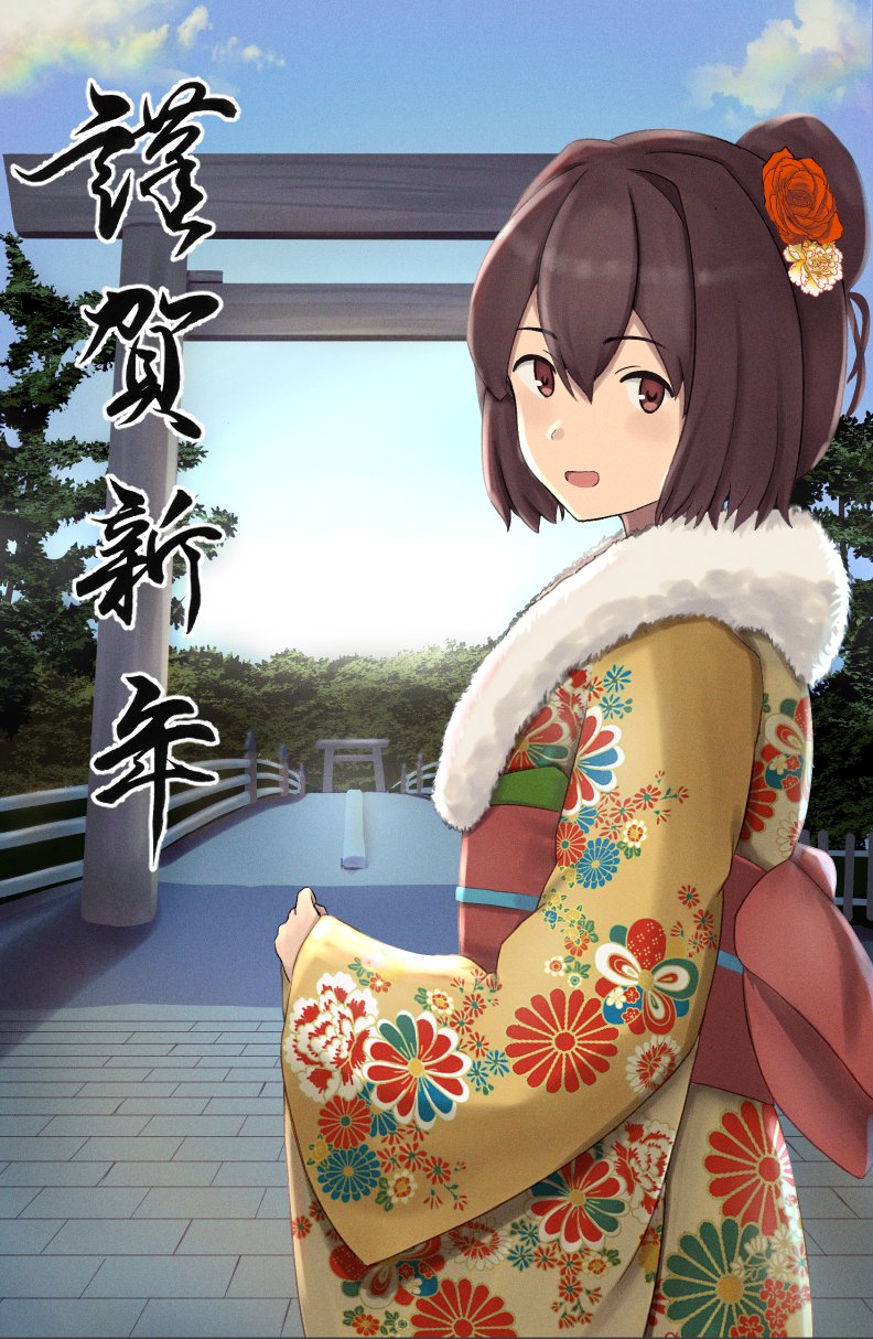 1girl brown_eyes brown_hair clouds cloudy_sky day floral_print furisode hair_ribbon happy_new_year highres ise_(kancolle) japanese_clothes kantai_collection kimono kotou_yogen long_sleeves medium_hair new_year obi open_mouth orange_kimono outdoors ribbon sash shrine sky smile solo stone_floor torii wide_sleeves