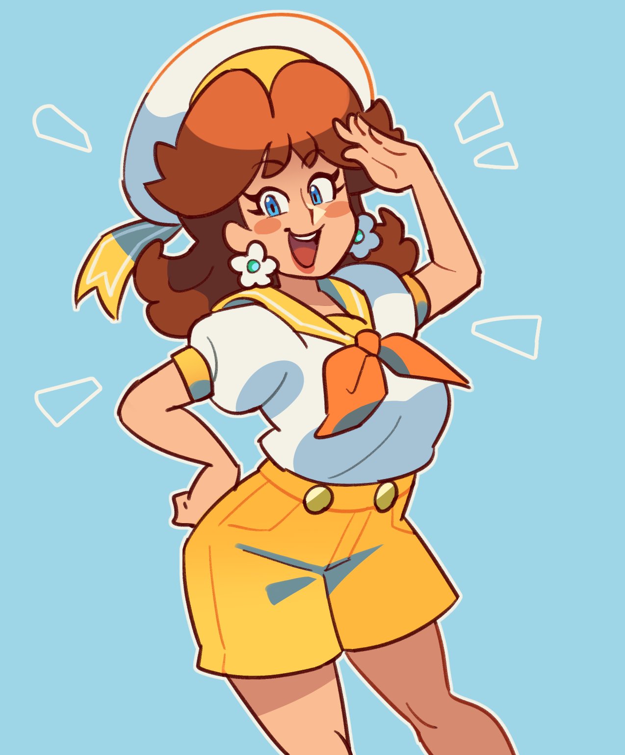 1girl arm_behind_back blue_background blue_eyes blush_stickers brown_hair cowboy_shot earrings flower_earrings hand_up hat highres jewelry large_buttons lipstick looking_at_viewer loveycloud makeup neckerchief notice_lines open_mouth orange_lips orange_neckerchief orange_sailor_collar outline princess_daisy puffy_short_sleeves puffy_sleeves sailor_collar sailor_shirt salute shirt short_sleeves shorts simple_background solo super_mario_bros. teeth upper_teeth_only white_outline white_shirt yellow_shorts