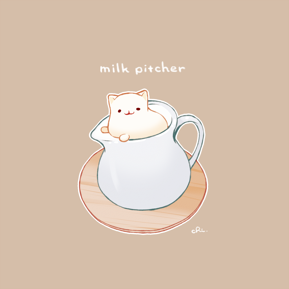 :3 animal_focus brown_background cat chai_(drawingchisanne) commentary_request english_text food-themed_creature food_focus in_container looking_at_viewer milk no_humans original pitcher_(container) signature simple_background wooden_plate