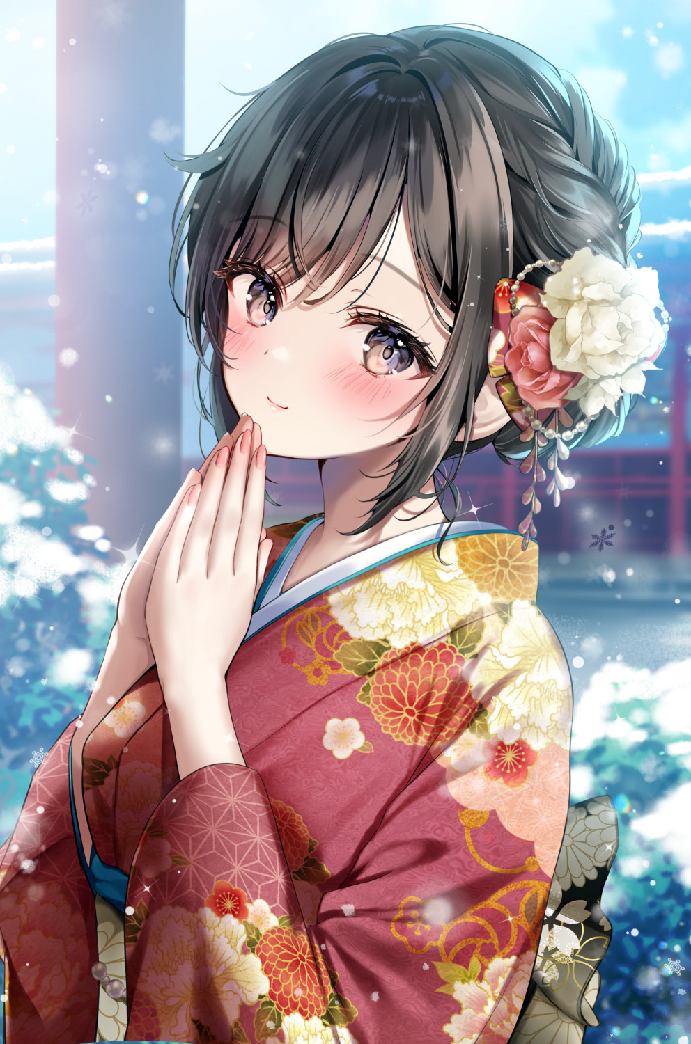 1girl architecture blush breasts brown_eyes brown_hair bush closed_mouth day dot_nose east_asian_architecture floral_print flower hair_flower hair_intakes hair_ornament hands_up highres japanese_clothes kanzashi kimono long_sleeves looking_at_viewer obi original outdoors own_hands_together print_kimono red_flower red_kimono sash short_hair_with_long_locks shrine sidelocks small_breasts smile snowing solo swept_bangs upper_body white_flower wide_sleeves yugirlpict