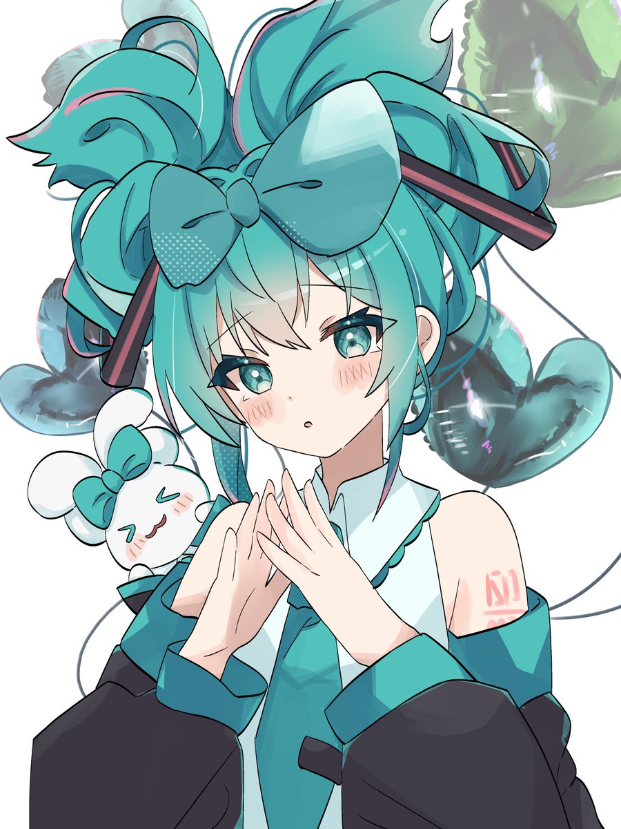&gt;_&lt; 1girl :o balloon bare_shoulders black_sleeves blue_hair blue_necktie blush cinnamiku cinnamoroll coco_irasuto collared_shirt detached_sleeves frilled_shirt frills hair_between_eyes hair_ornament hatsune_miku heart_balloon highres long_sleeves looking_at_viewer necktie number_tattoo own_hands_together parted_lips raised_eyebrows sanrio shirt sidelocks simple_background sleeveless sleeveless_shirt solo steepled_fingers tattoo tie_clip updo upper_body vocaloid white_background white_shirt