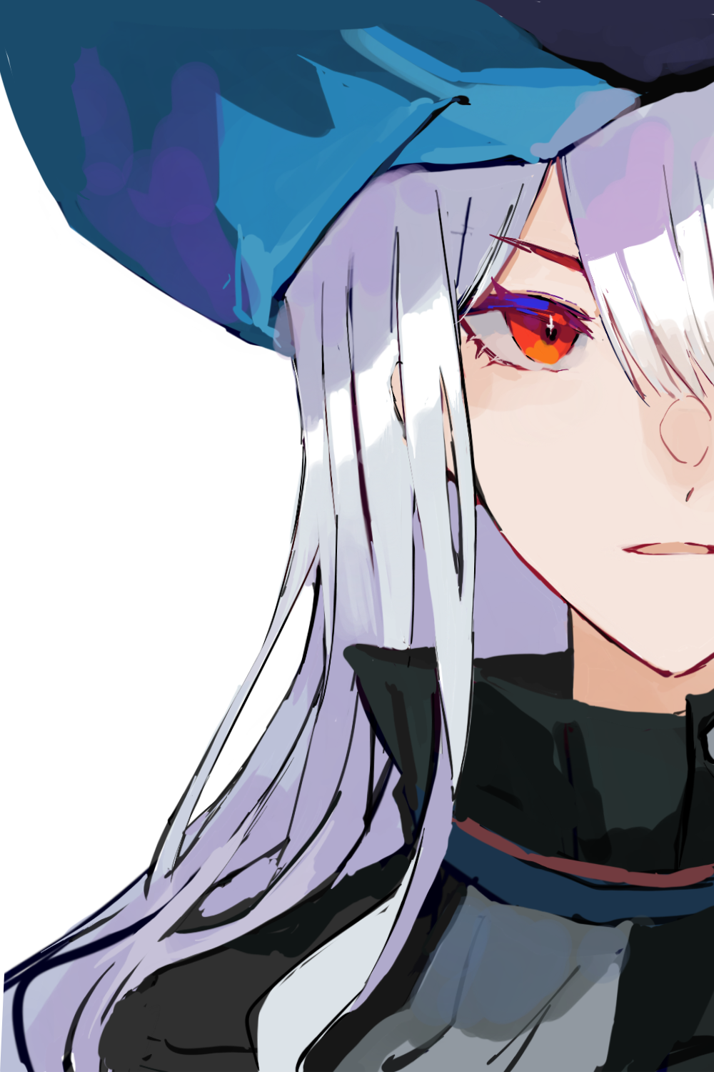 1girl arknights blue_headwear chinese_commentary close-up closed_mouth commentary_request expressionless eyelashes grey_hair hair_between_eyes hair_flowing_over hat high_collar highres long_hair looking_at_viewer parted_lips portrait red_eyes sidelocks simple_background skadi_(arknights) solo straight-on white_background xianyugan628