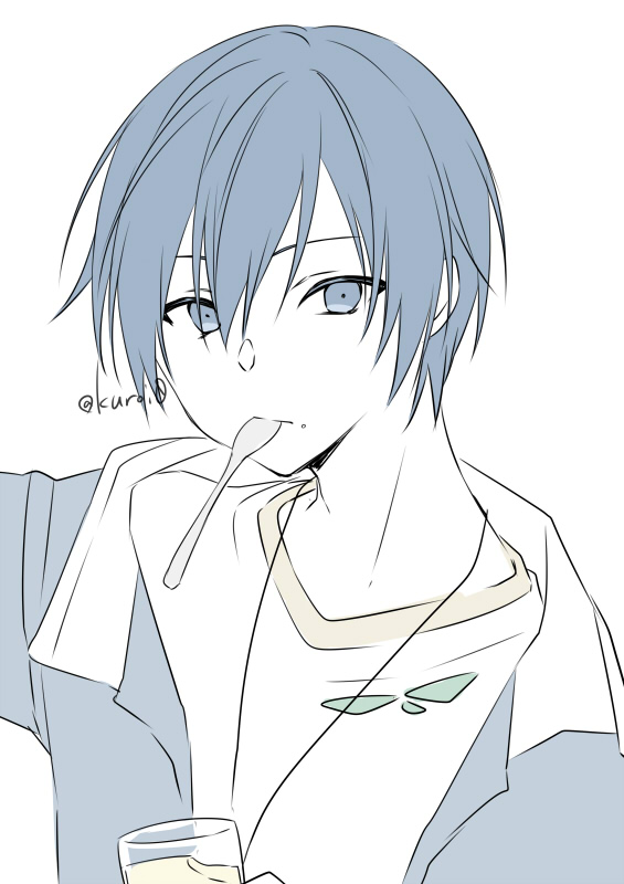 1boy character_request food food_on_face grey_jacket jacket kuroi_(liar-player) looking_at_viewer male_focus mouth_hold open_clothes open_jacket project_sekai shirt simple_background solo spoon twitter_username upper_body utensil_in_mouth white_background white_shirt