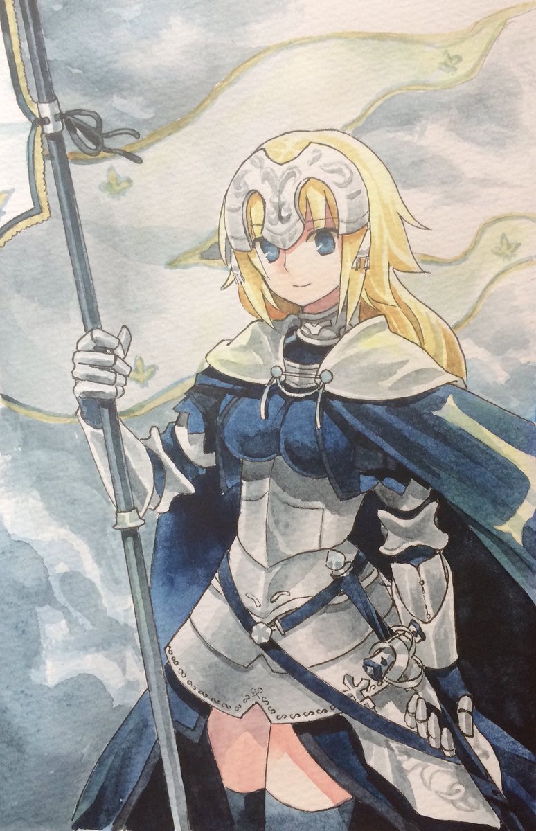 1girl armor blonde_hair blue_cape blue_eyes blue_shirt blue_thighhighs breasts cape closed_mouth commentary_request cowboy_shot fate_(series) gauntlets highres jeanne_d'arc_(fate) kaigen_1025 long_hair looking_at_viewer medium_breasts painting_(medium) shirt smile solo thigh-highs traditional_media watercolor_(medium)