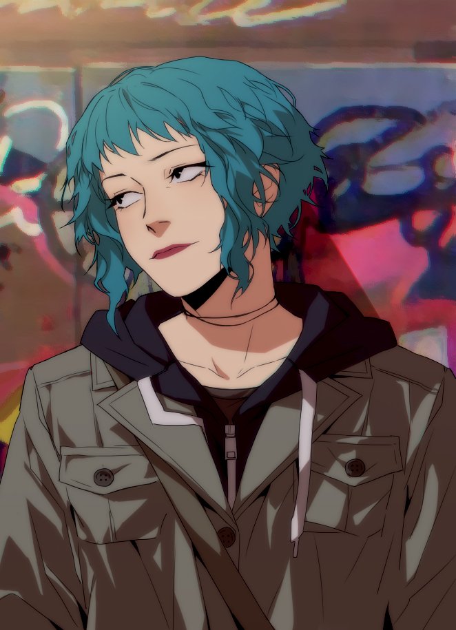 1girl against_wall blue_hair closed_mouth graffiti hood hooded_jacket jacket jewelry looking_to_the_side necklace pontyk_blya red_lips scott_pilgrim_(series) scott_pilgrim_takes_off short_hair short_hair_with_long_locks sidelocks solo upper_body