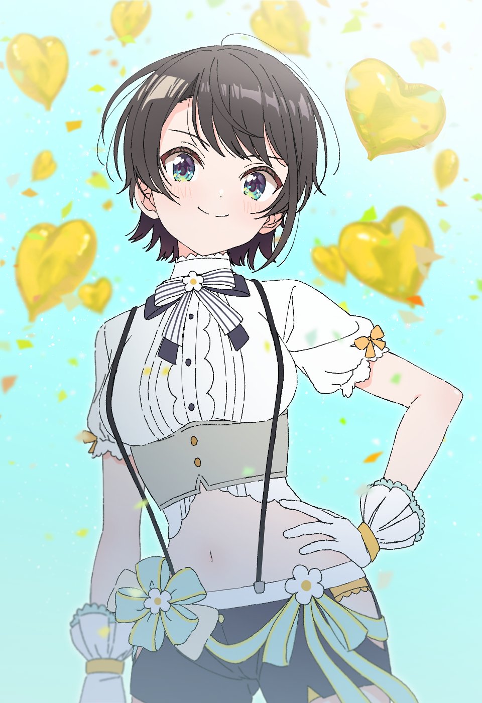 1girl balloon black_bow black_bowtie black_hair black_shorts blue_background blue_bow blue_eyes blush bow bowtie breasts closed_mouth commentary confetti corset cowboy_shot cropped_shirt frilled_gloves frills gloves green_eyes hand_on_own_hip hashtag_only_commentary heart_balloon highres hip_vent hololive looking_at_viewer medium_breasts midriff multicolored_eyes navel official_alternate_costume oozora_subaru oozora_subaru_(starlight) panties panty_peek panty_straps shirt short_hair short_sleeves shorts simple_background smile solo standing striped striped_bow striped_bowtie suspender_shorts suspenders swept_bangs tlie_ilt underbust underwear virtual_youtuber white_bow white_bowtie white_gloves white_shirt yellow_panties