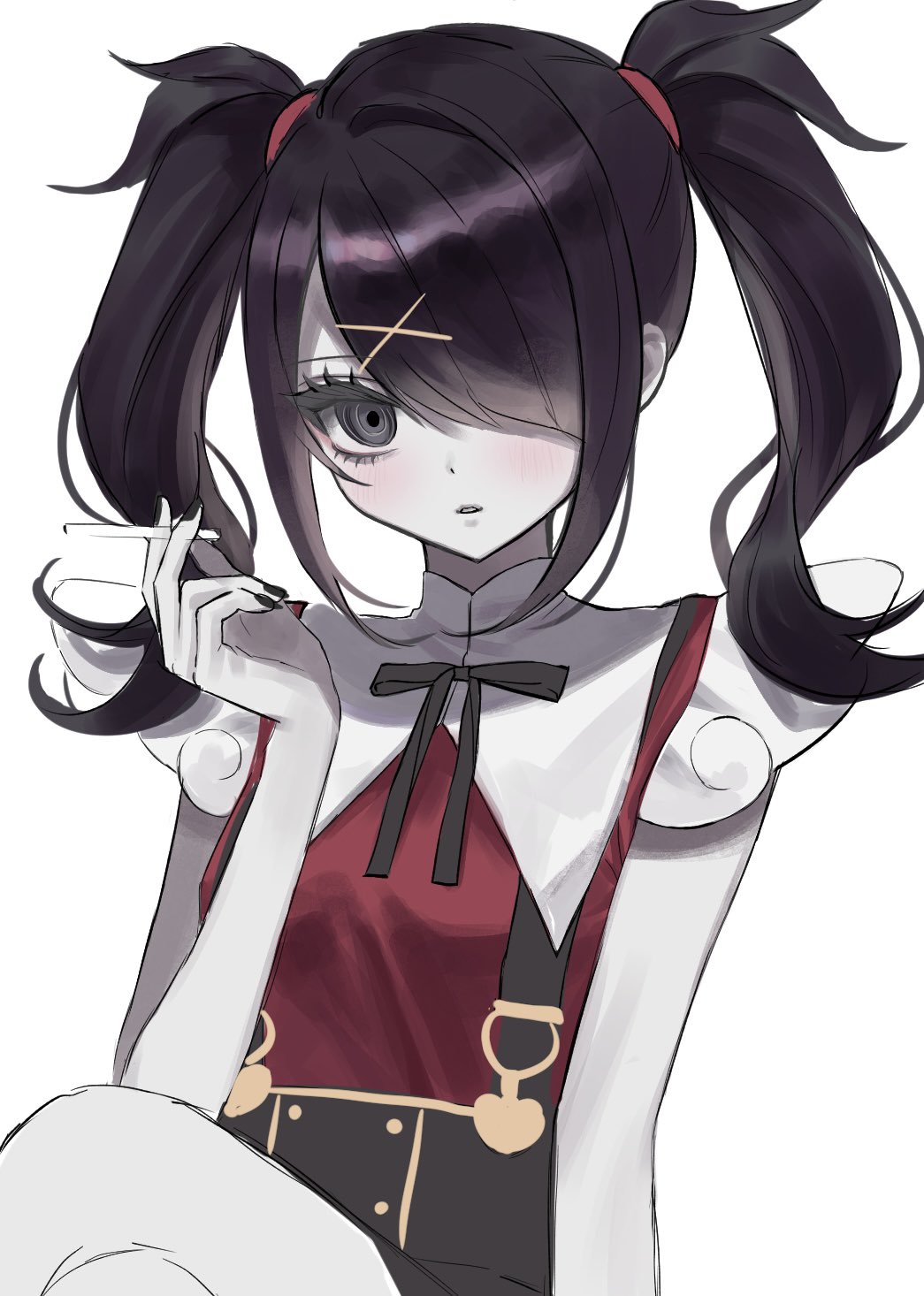 1girl ame-chan_(needy_girl_overdose) black_eyes black_hair black_nails black_ribbon black_skirt cigarette collared_shirt colored_skin commentary_request grey_skin hair_ornament hair_over_one_eye hair_tie hand_up highres holding holding_cigarette long_hair looking_at_viewer nail_polish neck_ribbon needy_girl_overdose pale_skin red_shirt ribbon shirt shirt_tucked_in simple_background sitting skirt solo suspender_skirt suspenders syuni_(iwakura_666) twintails white_background x_hair_ornament