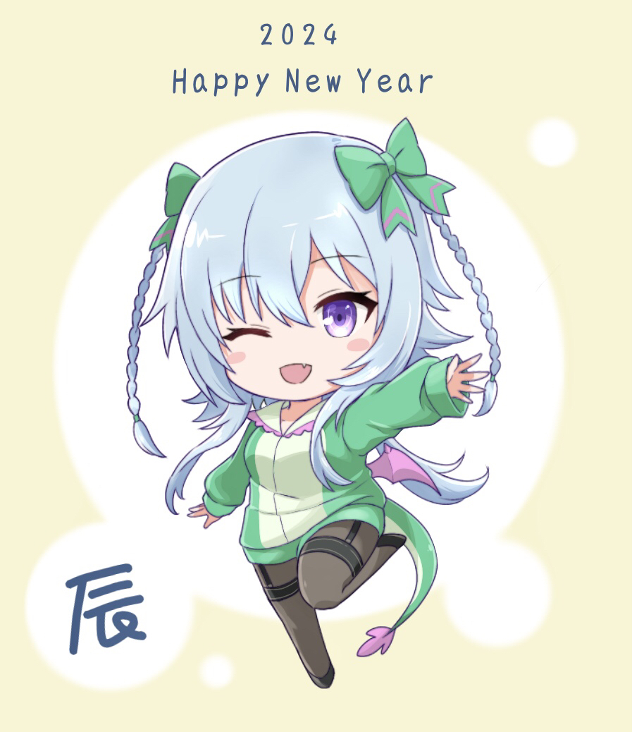 1girl 2024 ;d assault_lily black_footwear blue_hair blue_jacket blush bow braid brown_pantyhose chibi chinese_zodiac commentary_request dragon_tail fang full_body garter_straps green_bow hair_between_eyes hair_bow hand_up happy_new_year inoguchi_minto jacket leg_up long_hair long_sleeves looking_at_viewer low_wings mini_wings mori_tatsuki one_eye_closed outstretched_arm pantyhose pink_wings shoes sleeves_past_wrists smile solo standing standing_on_one_leg tail thighband_pantyhose twin_braids two-tone_background violet_eyes white_background wings year_of_the_dragon yellow_background