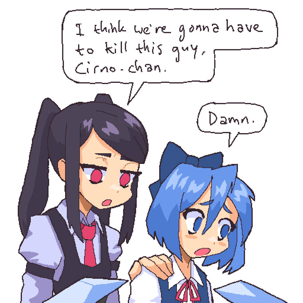 2girls black_hair black_vest blue_eyes blue_hair cirno collared_shirt commentary crossover english_commentary english_text grey_shirt hair_between_eyes hand_on_another's_shoulder hcnone i_think_we're_gonna_have_to_kill_this_guy_steven_(meme) ice ice_wings jill_stingray long_hair long_sleeves meme multiple_girls necktie open_mouth pixel_art red_eyes red_necktie sad shirt short_hair sidelocks simple_background speech_bubble touhou twintails upper_body va-11_hall-a vest white_background wings