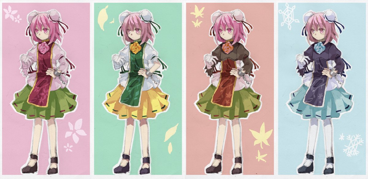 1girl alternate_color bandaged_arm bandages blue_flower blue_rose blue_skirt bun_cover closed_mouth commentary_request cuffs double_bun expressionless flat_chest flower full_body green_skirt green_tabard hair_bun hand_on_own_hip hand_up ibaraki_kasen juliet_sleeves kaigen_1025 long_sleeves multiple_views pink_eyes pink_flower pink_hair pink_rose pink_tabard puffy_sleeves red_flower red_rose ribbon-trimmed_skirt ribbon_trim rose seasons shackles skirt tabard touhou yellow_flower yellow_rose yellow_skirt