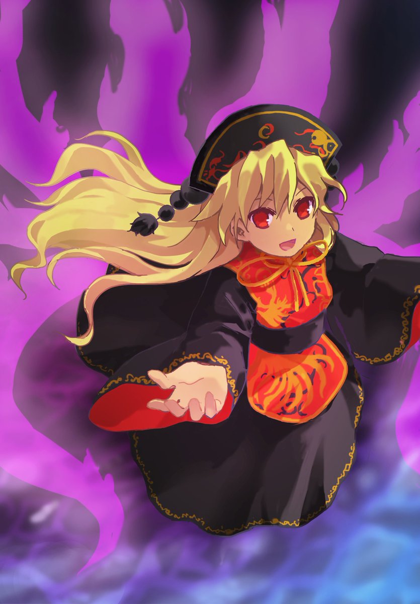 1girl bird black_dress black_headwear blonde_hair breasts commentary_request dress eyebrows_hidden_by_hair fire hands_up highres junko_(touhou) kaigen_1025 long_dress long_hair long_sleeves neck_ribbon open_mouth phoenix purple_fire red_eyes red_tabard ribbon small_breasts smile solo tabard touhou wide_sleeves yellow_ribbon