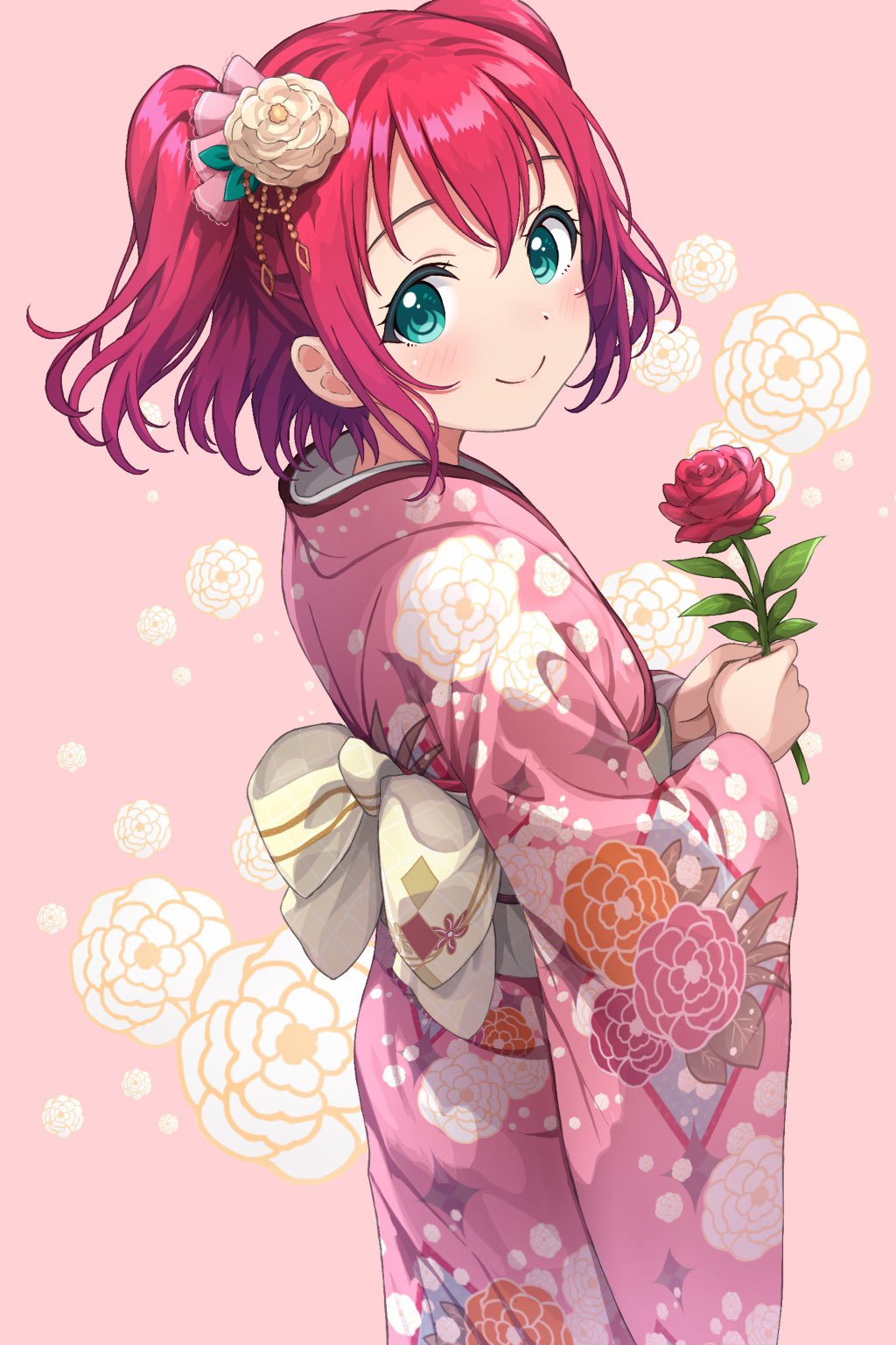 1girl back_bow bow closed_mouth commentary_request dot_nose eyebrows_hidden_by_hair floral_print flower green_eyes hair_between_eyes hair_flower hair_ornament highres holding holding_flower japanese_clothes kimono kurosawa_ruby light_blush looking_at_viewer love_live! love_live!_sunshine!! obi pink_background pink_kimono profile rabineru red_flower red_rose redhead rose sash shadow short_hair short_twintails sidelocks smile solo twintails white_flower yukata