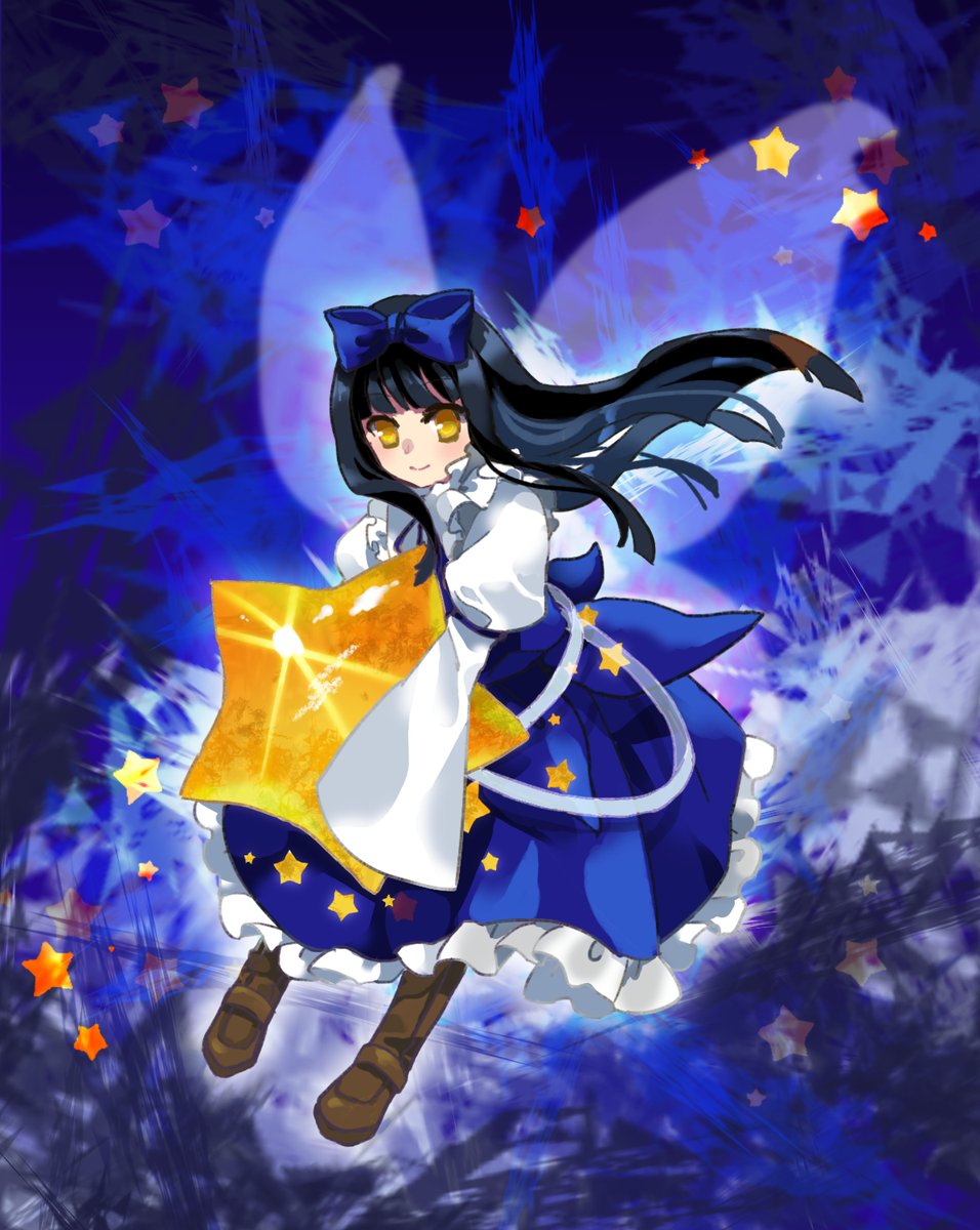1girl black_hair blue_bow blue_ribbon blue_skirt boots bow brown_footwear closed_mouth collared_shirt commentary_request frilled_shirt_collar frilled_skirt frills hair_bow highres holding holding_star juliet_sleeves kaigen_1025 long_hair long_sleeves neck_ribbon puffy_sleeves ribbon shirt skirt sleeves_past_fingers sleeves_past_wrists smile solo star_(symbol) star_sapphire touhou white_shirt yellow_eyes