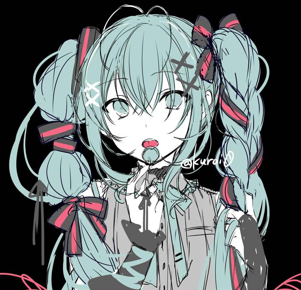 1girl bare_shoulders black_background black_bow bow bridal_gauntlets candy commentary food green_eyes green_hair grey_shirt hair_between_eyes hair_bow hair_ornament hands_up hatsune_miku holding holding_candy holding_food holding_lollipop kuroi_(liar-player) lollipop long_hair looking_at_viewer project_sekai shirt simple_background sketch sleeveless sleeveless_shirt solo tongue tongue_out twintails twitter_username upper_body very_long_hair vocaloid x_hair_ornament