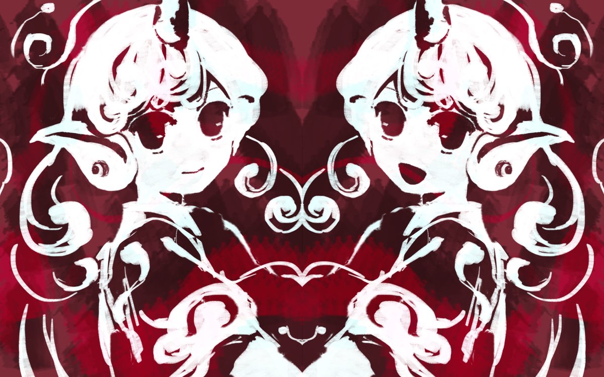 2girls closed_mouth commentary_request curly_hair horns kaigen_1025 komainu_ears komano_aunn long_hair mirror_image monochrome multiple_girls no_nose open_mouth red_theme shirt short_sleeves single_horn sketch smile touhou