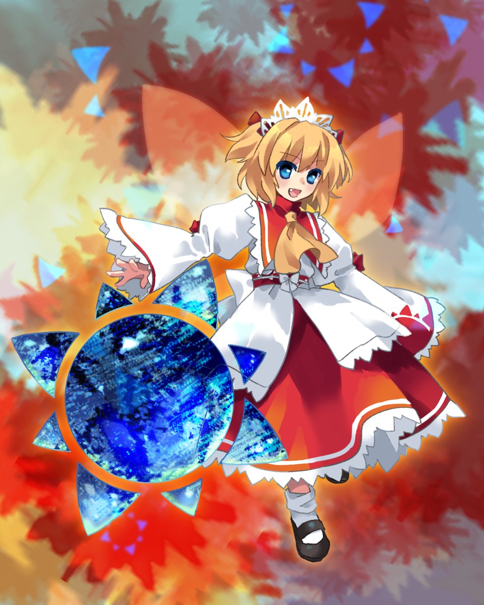 1girl ascot black_footwear blonde_hair blue_eyes bow commentary_request fang flat_chest full_body highres jacket juliet_sleeves kaigen_1025 long_sleeves maid_headdress mary_janes medium_hair obi open_mouth puffy_sleeves red_skirt sash shoes skirt smile socks solo sunny_milk touhou two_side_up white_bow white_jacket white_socks yellow_ascot