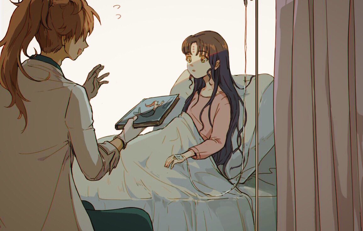 1boy 1girl aged_down amidura bed bed_sheet black_hair book coat commentary_request curtains facial_mark facing_another fate/grand_order fate_(series) forehead_mark forehead_tattoo gloves green_pants holding holding_book hospital_bed hospital_gown intravenous_drip iv_stand korean_commentary lab_coat long_hair long_sleeves looking_at_another on_bed open_mouth orange_hair pants parted_bangs parted_lips pillow pink_curtains ponytail romani_archaman sessyoin_kiara simple_background smile the_little_mermaid white_background white_coat white_gloves yellow_eyes