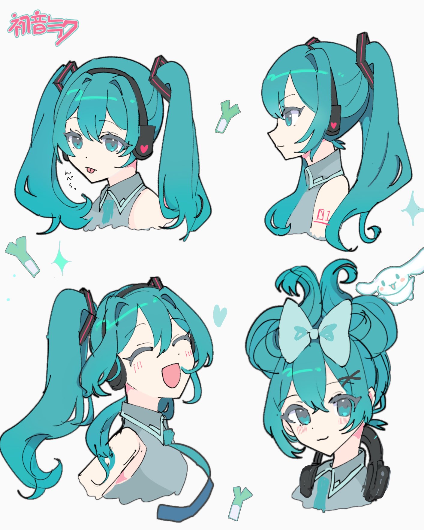 4girls :3 :p arms_at_sides bare_shoulders blue_bow blue_eyes blue_hair blue_necktie blush bow cinnamiku closed_eyes closed_mouth collared_shirt cropped_torso dot_nose grey_shirt hair_between_eyes hair_bow hair_ornament hatsune_miku headphones headphones_around_neck headset highres logo long_hair looking_ahead looking_at_viewer minaduki_0318 multiple_girls multiple_persona necktie number_tattoo open_mouth profile shirt sidelocks simple_background sleeveless sleeveless_shirt smile tattoo tongue tongue_out twintails updo very_long_hair vocaloid white_background